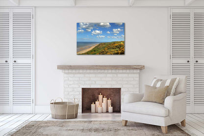 Panoramic view of the Cromer coastline from the cliffs with gorse and sandy beach